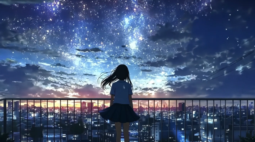 星空下穿着百褶裙女孩的背影 电脑动态壁纸 4K超高清分辨率3840*2160