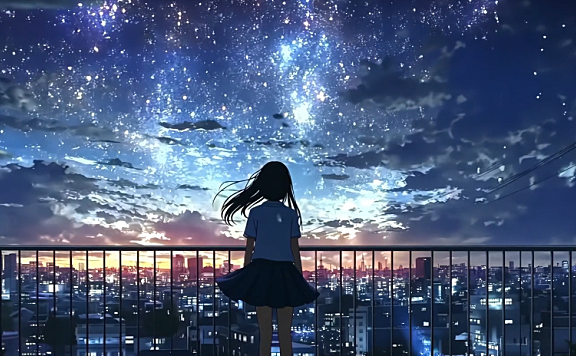 星空下穿着百褶裙女孩的背影 电脑动态壁纸 4K超高清分辨率3840*2160