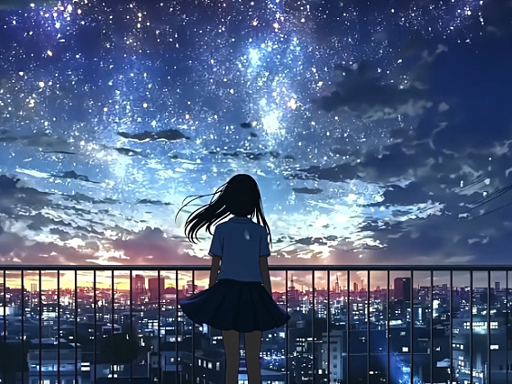 星空下穿着百褶裙女孩的背影 电脑动态壁纸 4K超高清分辨率3840*2160