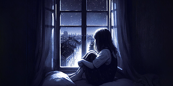 女孩蹲坐在窗前看外面下雪 4K超高清电脑动态壁纸分辨率3840*2160视频素材下载