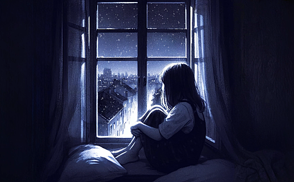 女孩蹲坐在窗前看外面下雪 4K超高清电脑动态壁纸分辨率3840*2160视频素材下载