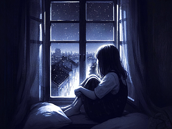 女孩蹲坐在窗前看外面下雪 4K超高清电脑动态壁纸分辨率3840*2160视频素材下载