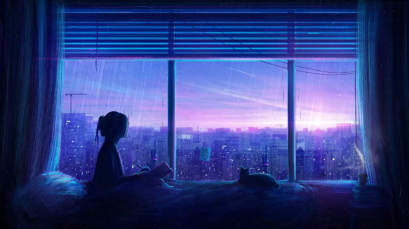 女孩坐在床上看窗外下着雨 高清电脑动态壁纸 4K超高清分辨率3840*2160视频素材