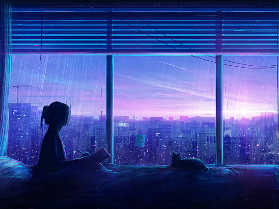 女孩坐在床上看窗外下着雨 高清电脑动态壁纸 4K超高清分辨率3840*2160视频素材