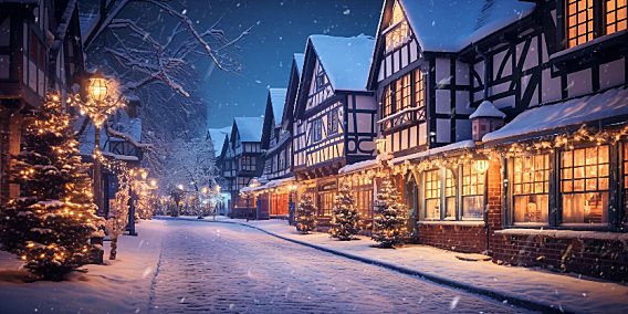 灯火通明的小镇街道下着雪 高清动态壁纸2K分辨率1920*1080