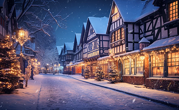 灯火通明的小镇街道下着雪 高清动态壁纸2K分辨率1920*1080