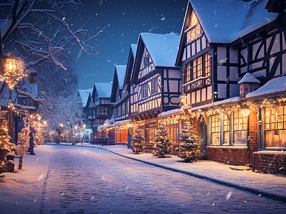 灯火通明的小镇街道下着雪 高清动态壁纸2K分辨率1920*1080