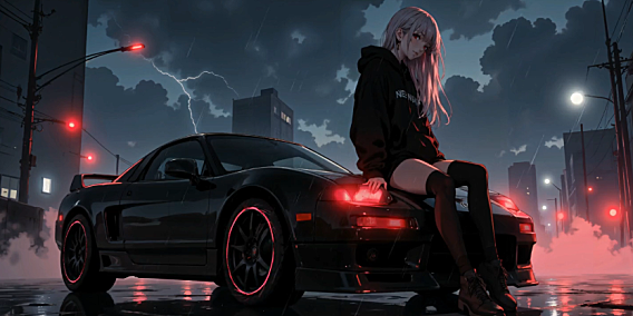 雨中女孩坐在双门跑车引擎盖上 4K高清视频电脑动态壁纸下载分辨率3840*2160