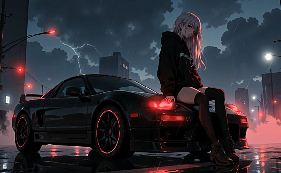 雨中女孩坐在双门跑车引擎盖上 4K高清视频电脑动态壁纸下载分辨率3840*2160