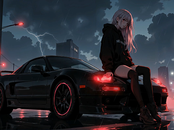 雨中女孩坐在双门跑车引擎盖上 4K高清视频电脑动态壁纸下载分辨率3840*2160