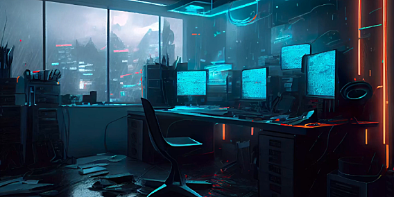 夜晚杂乱的办公室桌子上摆放着几台电脑 高清动态壁纸4K超高清视频素材下载