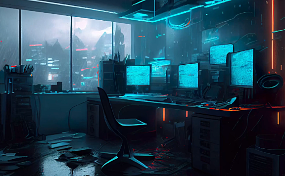 夜晚杂乱的办公室桌子上摆放着几台电脑 高清动态壁纸4K超高清视频素材下载