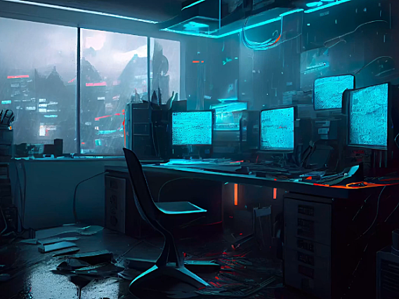 夜晚杂乱的办公室桌子上摆放着几台电脑 高清动态壁纸4K超高清视频素材下载