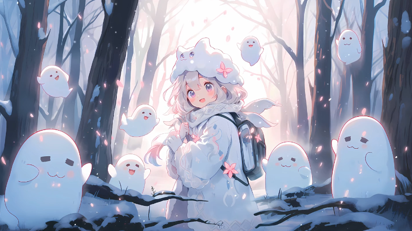 森林里小女孩身边围着许多可爱的幽灵 4K高清动态壁纸分辨率3840*2160