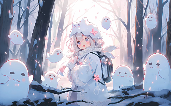 森林里小女孩身边围着许多可爱的幽灵 4K高清动态壁纸分辨率3840*2160