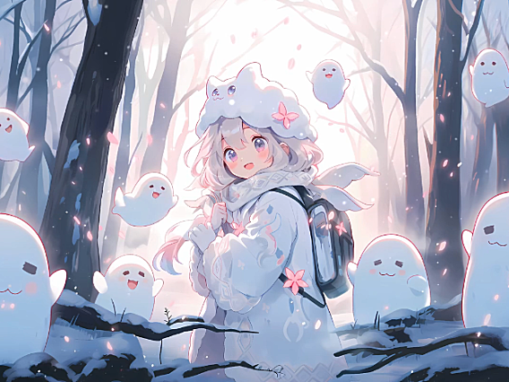 森林里小女孩身边围着许多可爱的幽灵 4K高清动态壁纸分辨率3840*2160