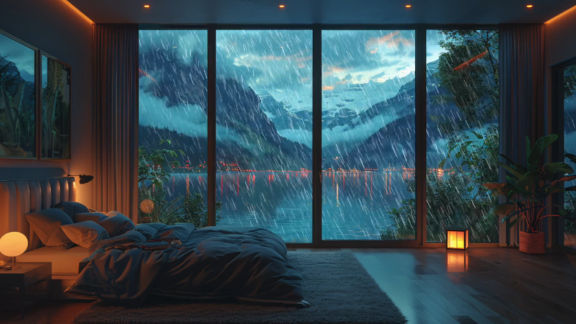 湖边的卧室落地窗外下着雨 4K高清视频电脑动态壁纸分辨率3840*2160