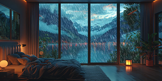 湖边的卧室落地窗外下着雨 4K高清视频电脑动态壁纸分辨率3840*2160