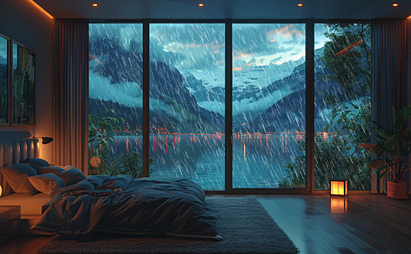 湖边的卧室落地窗外下着雨 4K高清视频电脑动态壁纸分辨率3840*2160