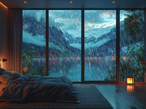 湖边的卧室落地窗外下着雨 4K高清视频电脑动态壁纸分辨率3840*2160