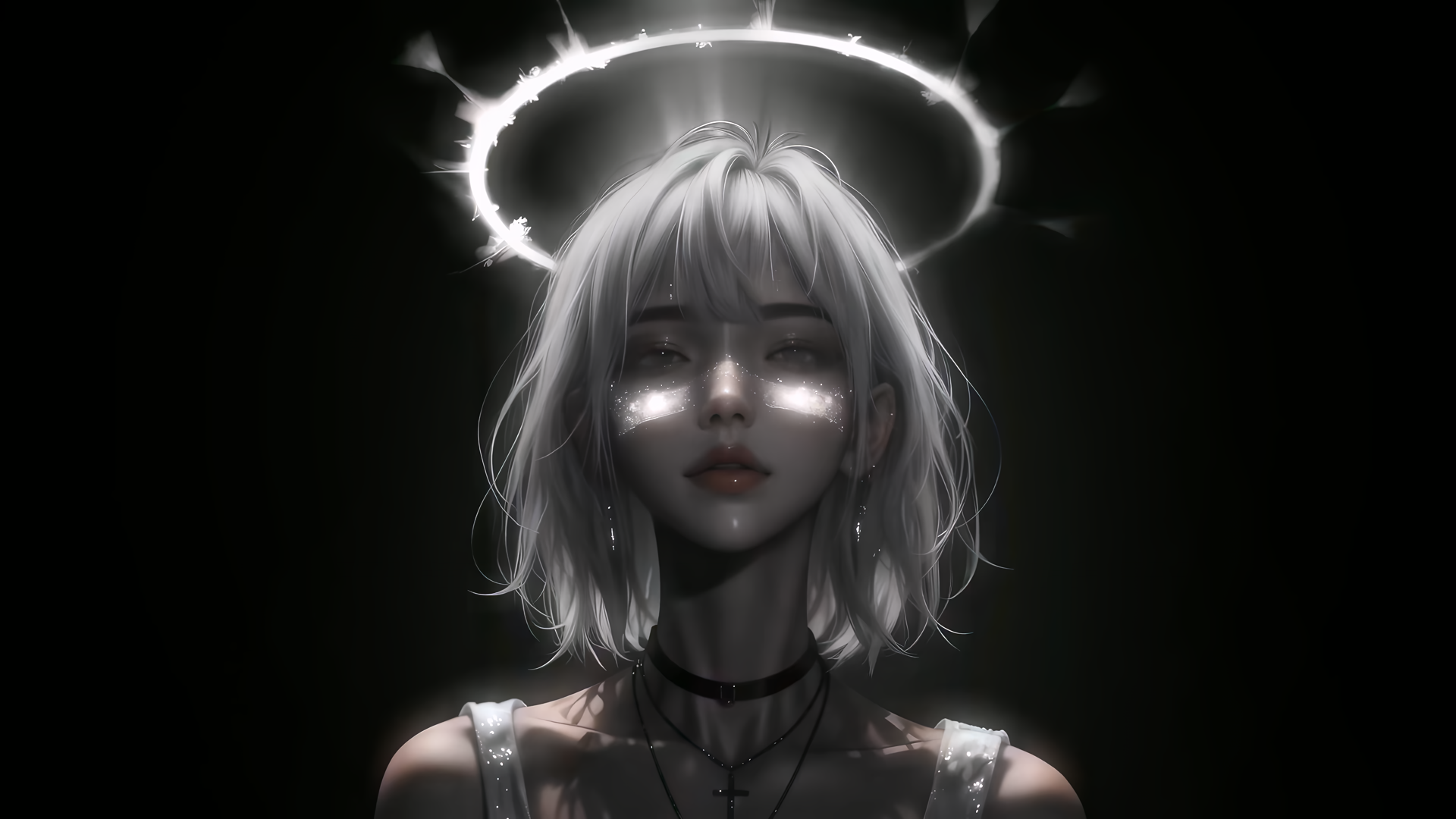 AI生成头顶光环的银色短发美女