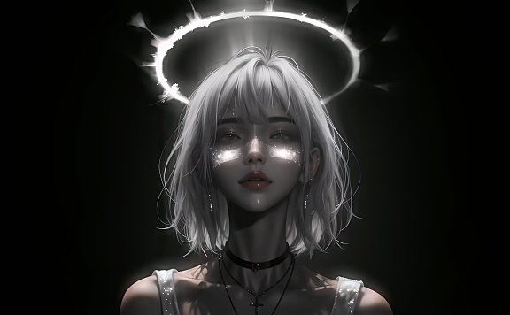 AI生成头顶光环的银色短发美女 精选8K高清电脑壁纸图片最火爆免费壁纸下载